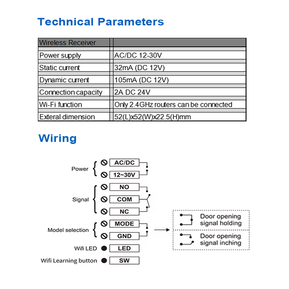 Tuya wireless receiver parameter and wiring